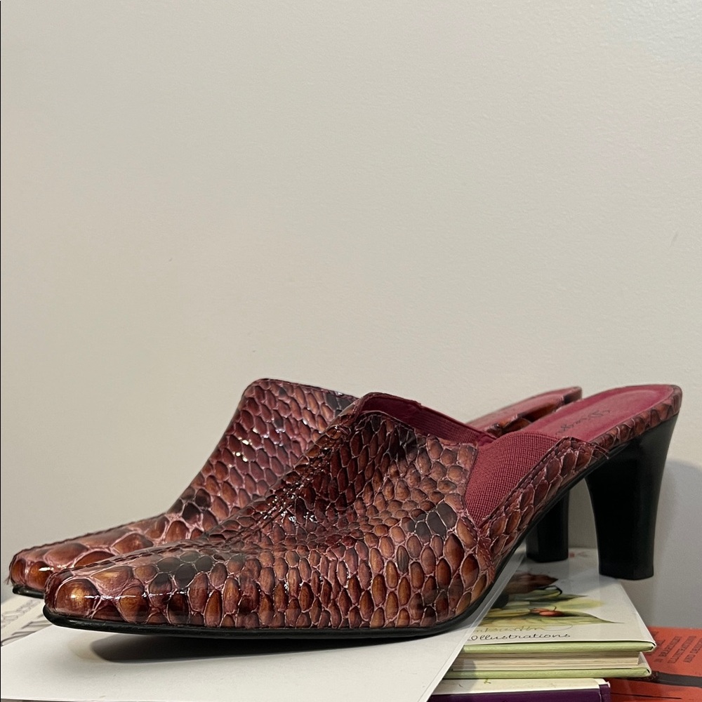 Women’s Brown Snakeskin Leather Mules with Block Heel
